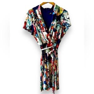 Leslie Fae Faux Wrap V-neck Dress Sz 16 Floral Print Back Zip Tie